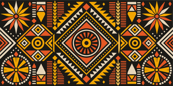 Background featuring traditional african patterns. Africa pattern design with geometric tribal elements for textile. Fabric backgrounds