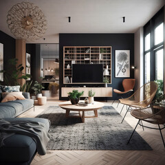 Living room interior in modern house in Scandi style.