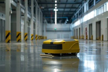 Yellow automatic cleaning robot for efficient and thorough warehouse or premises maintenance