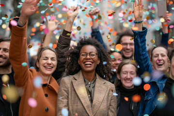 Happy people raising hands in celebration with colorful confetti