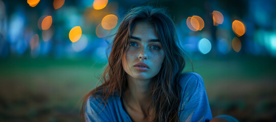 Portrait of pensive woman with city lights