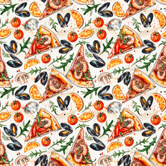 Pizza pieces seamless pattern with seafood ingredients. For design, wallpaper, logo, icon, menu, restaurant, cafe, kitchen, birthday. Pizza food. Pizza illustration.