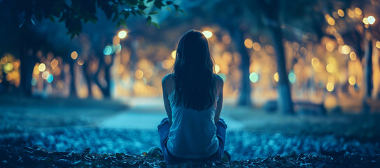 Lonely woman contemplating in night park