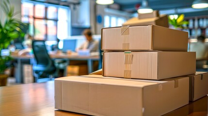 Pile of brown cardboard boxes in an office setting with blurred background. Workspace delivery concept. Simple and clean design. Office life scene. AI