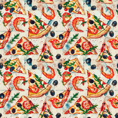 Pizza pieces seamless pattern with seafood ingredients. For design, wallpaper, logo, icon, menu, restaurant, cafe, kitchen, birthday.. Pizza food. Pizza illustration. 