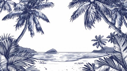 Blue Hand-Drawn Beach and Tropical Fruits Frame