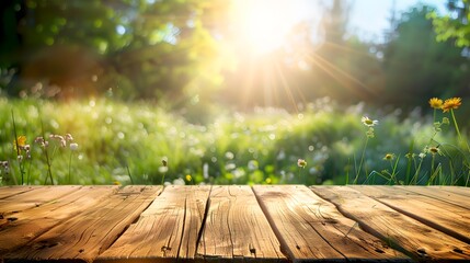 Wooden platform overlooking a vibrant sunlit meadow at sunrise. Serenity in nature, ideal for backgrounds and peaceful themes. AI - obrazy, fototapety, plakaty