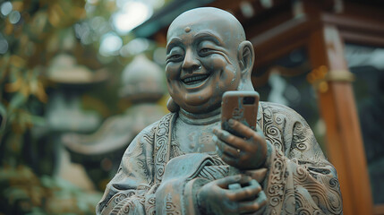 Sculpted Smiles: Statue with Smartphone [created with generative AI technology]