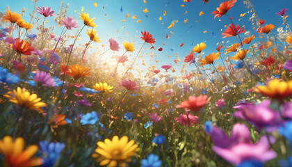  A sea of wildflowers comes alive under a cascade of sunlight, creating a dazzling dance of color and light