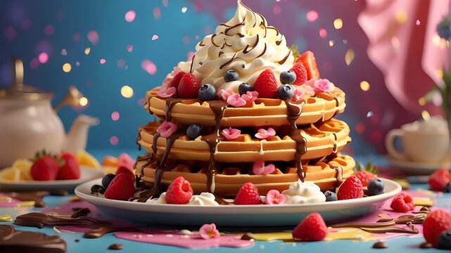 Artistic Image prompt structure: "Digital illustration featuring a stack of Belgian waffles adorned with chocolate and whipped cream, designed in a whimsical and vibrant art style to evoke a sense of 