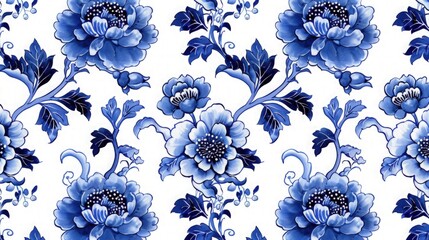 Floral Chinese Traditional Ceramics Porcelain China Blue Beautiful Seamless Symmetrical Vintage Pattern on White Light Colored Background Wallpaper Template 16:9