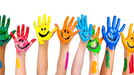 Colorful painted hands raised in joy and creativity. Celebrating diversity and fun, a playful, artistic display. Perfect for educational and cultural themes. AI