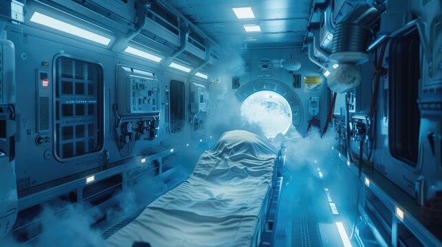 An experimental cryonics procedure being performed in zero gravity, with tools and frozen vapors illuminated by the stark, clinical light of a space station's medical bay, 3D illustration