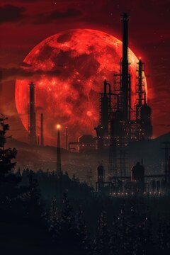 A futuristic oil refinery on Mars, silhouetted against the deep crimson sky, illuminated by the soft glow of Martian sunsets, 3D illustration