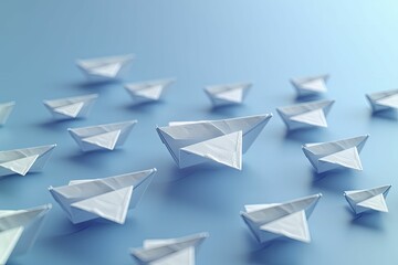 Abstract paper airplanes in formation, one leading, on sky blue background, metaphor for leadership and success in business. - obrazy, fototapety, plakaty