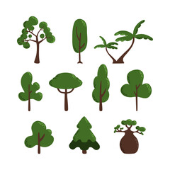 Set of simple trees in doodle style on isolated background. Vector illustration.