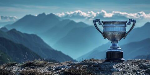 Abstract silhouette of a figure holding a trophy high on a mountaintop, minimalist victory and success concept - obrazy, fototapety, plakaty