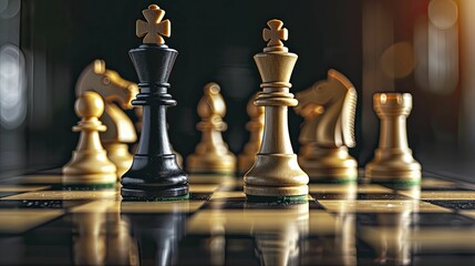 Experience the triumph of calculated decisions on a polished black chessboard with a king's final checkmate, symbolizing strategic business victory. - obrazy, fototapety, plakaty