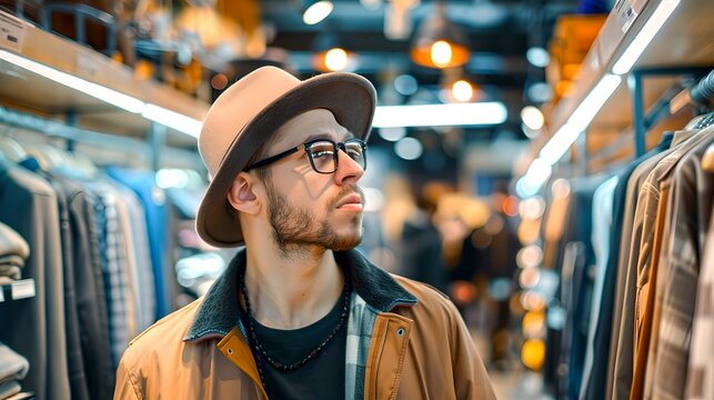 Fashion-focused Man Exploring Clothing Store. Casual Style Shopping. Trendy Outfits Selection. Engaged Shopper in Retail Space. Modern Fashionista Seeking New Apparel. AI