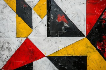 Painting with red white black and yellow geometric pattern made with acrylic paints as abstract background