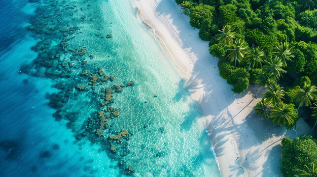 Ariel view of tropical beach with white sand and blue water, green forest with palm trees