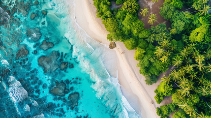 Ariel view of tropical beach with white sand and blue water, green forest with palm trees