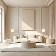 Fototapeta na wymiar Living room interior with beige walls, wooden floor, beige sofa and round coffee table. 3d rendering mock up