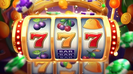 Big win 777 lottery casino concept with slot machine. Win jackpot in game slot machine 