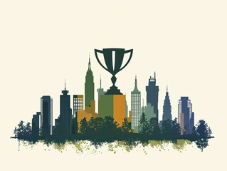 Minimalist cityscape silhouette with a towering trophy, symbolizing urban business success and achievement.
