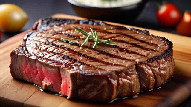 Delicious medium rare grilled barbecue beef steak with rosemary served on wooden board. Steamed beef steak with blood served in luxury restaurant