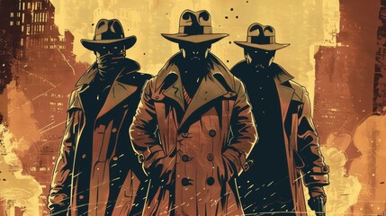 Classic detective agency poster, with trench coats, fedoras, and the allure of mystery