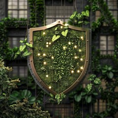 Cybersecurity shield guards a home garden, tech and nature coexisting in harmony