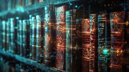 Fantasy library books with cyber encryption runes, safeguarding knowledge from digital thieves