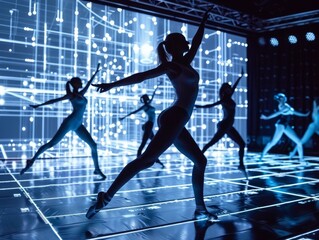 Cyberprotected ballet performance, dancers move within a safe digital theatre