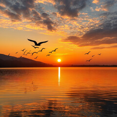 Fototapeta na wymiar Beautiful sunset on the lake with flying seagulls.