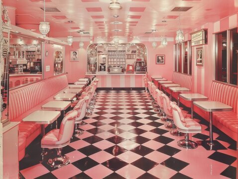 Classic 1950s soda fountain poster, with sundaes, booths, and a checkerboard floor