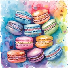 Vibrant, random array of macarons in pastel watercolors, detailed by hand, focusing on the hues and delicate textures