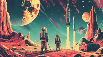 Vintagestyle space exploration poster, astronauts on alien worlds with retrofuturistic rockets