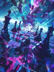 Vivid anime chess, pieces are mechs on a cosmic battlefield, each move causes a supernova explosion - obrazy, fototapety, plakaty