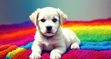 Cute Puppy on Rainbow Blanket