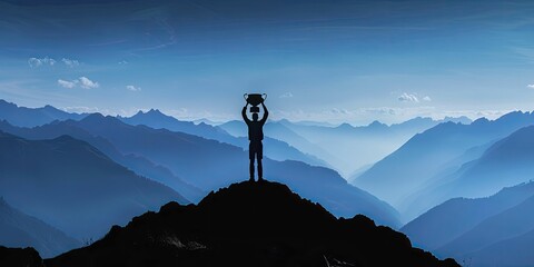 Silhouette of a single figure holding a trophy above head on mountain peak, minimalist victory in business journey.