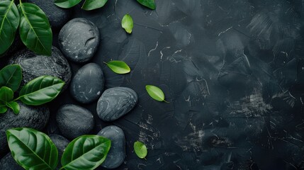 Black spa setting, hot stones and beautiful leaves. Spa and wellness background with stack of hot stones on blackboard. Luxury spa composition and relax concept.
