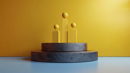 An artistic portrayal of a victorious podium with abstract forms symbolizing corporate rivalry in a sleek, minimalistic fashion.