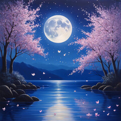 cherry blossom and full moon in the night sky with stars