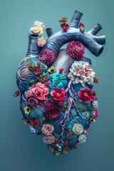 Anatomical heart full of flowers, illustration, 3D render, dark blue and teal colour palette on blue background