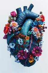 Anatomical heart full of flowers, illustration, 3D render, dark blue and teal colour palette on white background