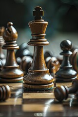 Amidst the wreckage of defeat, a lone chess pawn embodies the spirit of underdog triumph in the cutthroat business world. - obrazy, fototapety, plakaty