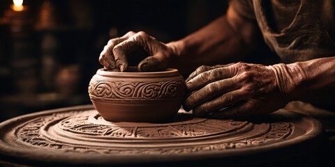 A closeup of hands crafting an ornate clay pot