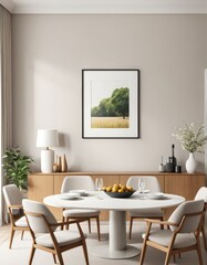 Close-up frame mockup in dining room interior, 3d rendering