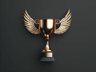 The sleek trophy cup with wings symbolizes the triumphant rise of business achievements against a dark backdrop.
